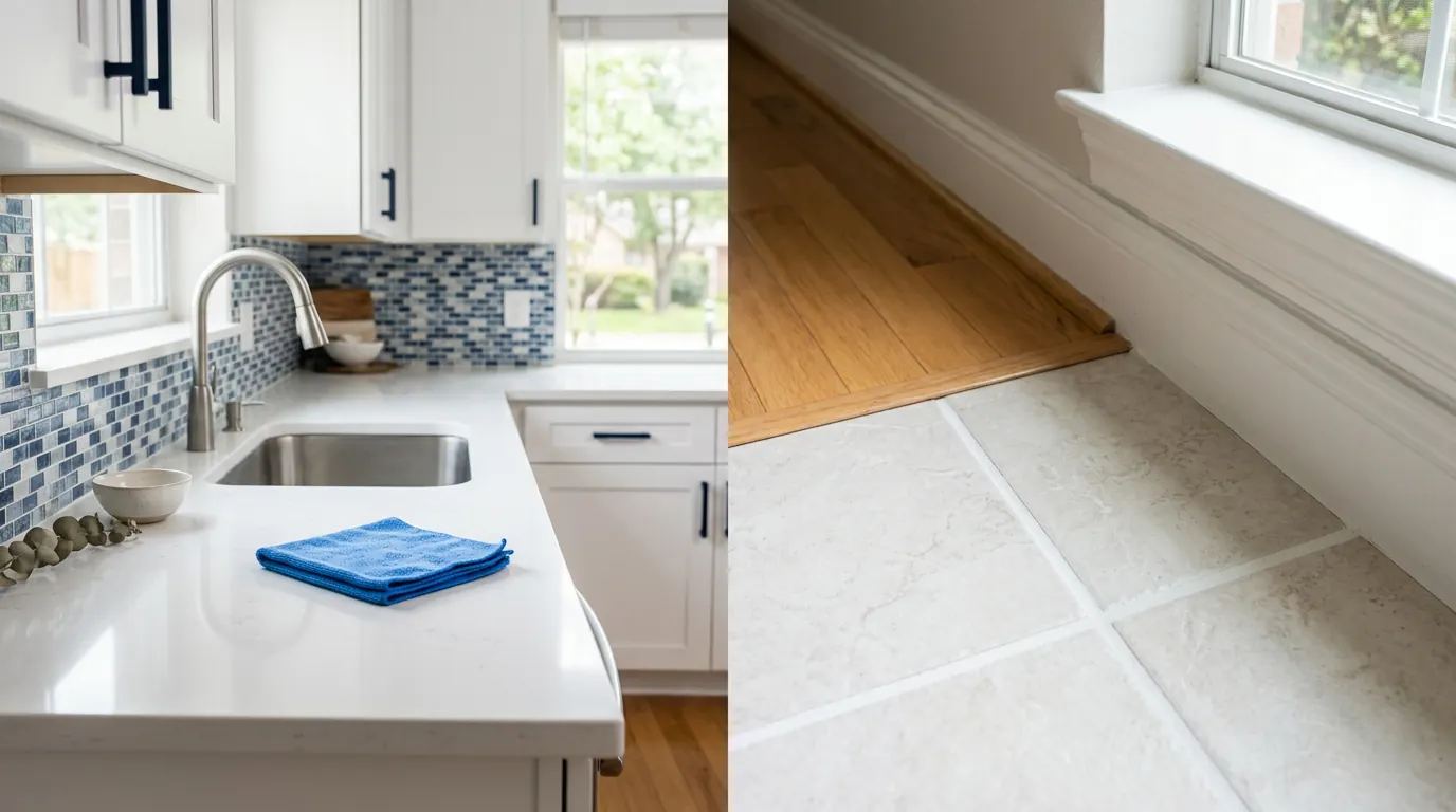 Clean kitchen counter and detailed baseboard illustrating regular and deep cleaning