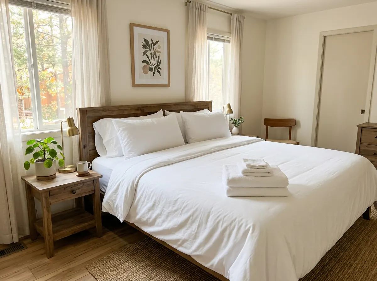 Guest-ready Airbnb bedroom with crisp linens after a turnover clean