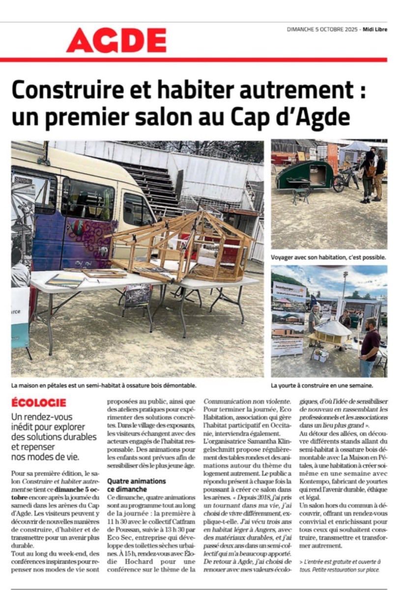Article Midi Libre du 5 octobre 2025, Construire et habiter autrement : un premier salon au Cap d'Agde