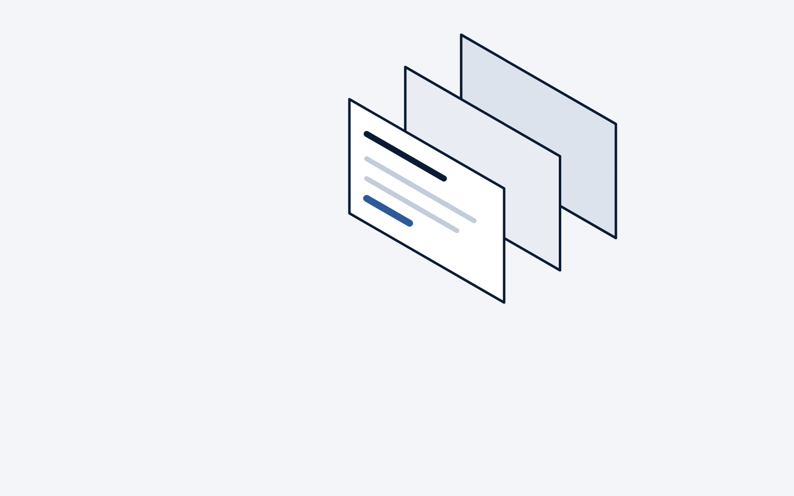 Illustration: three panels in a row, the front one showing lines of a simple interface