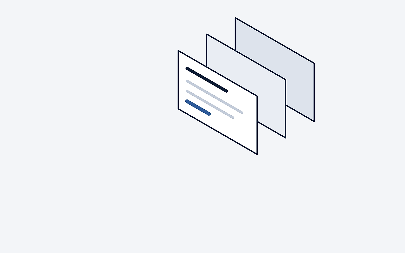 Illustration: three panels in a row, the front one showing lines of a simple interface