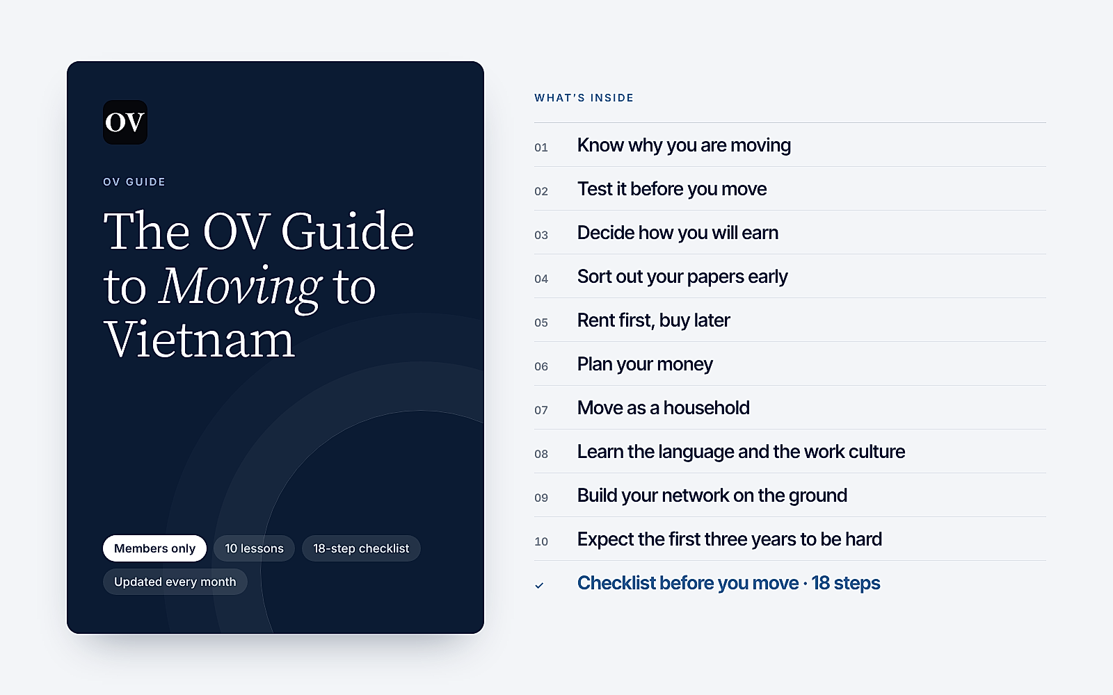 The OV Guide to Moving to Vietnam, for members: ten lessons from knowing why you are moving to expecting the first three years to be hard, and an 18-step checklist