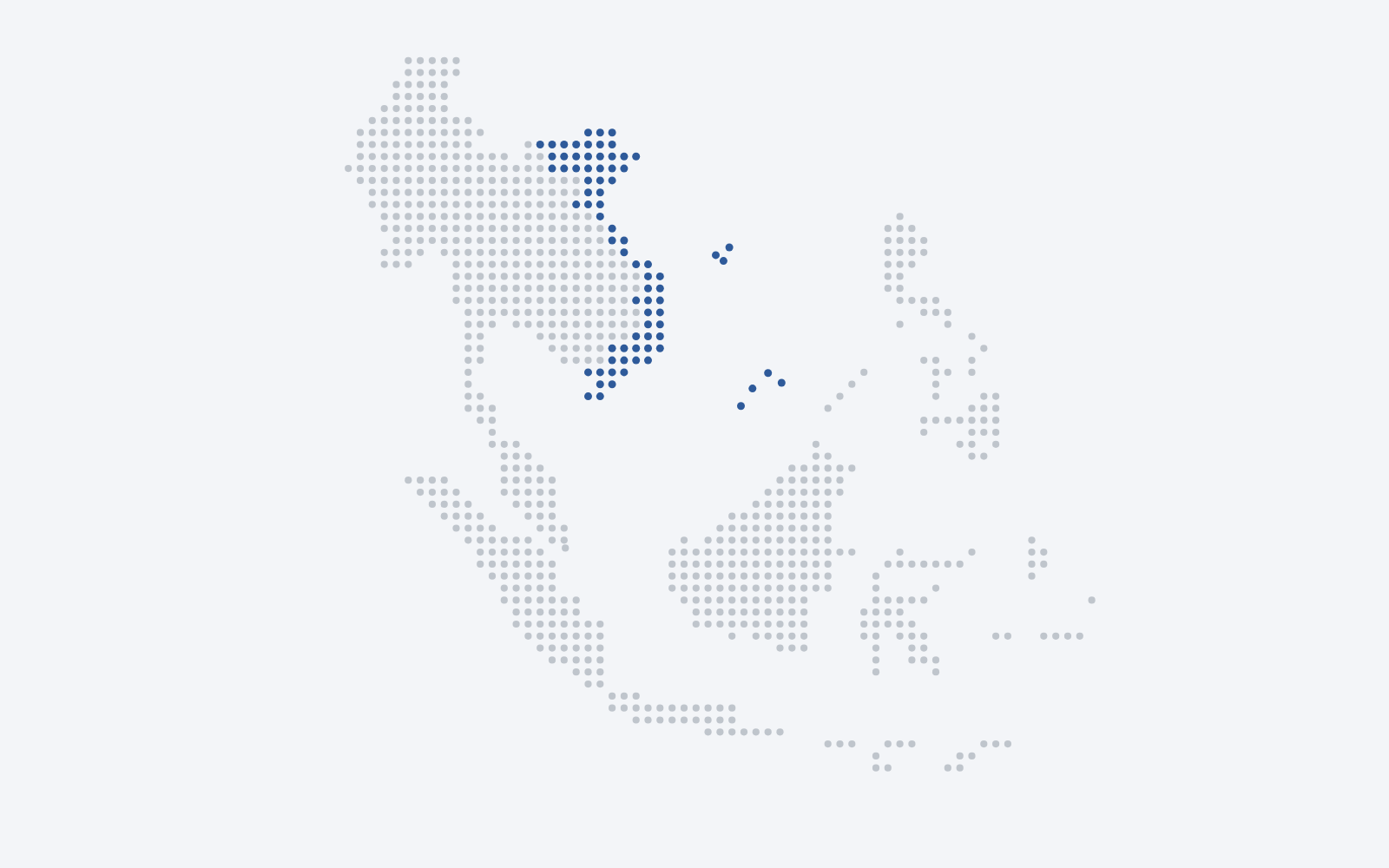 Illustration: a dot map of Southeast Asia with Vietnam, including the Hoang Sa and Truong Sa islands, in blue