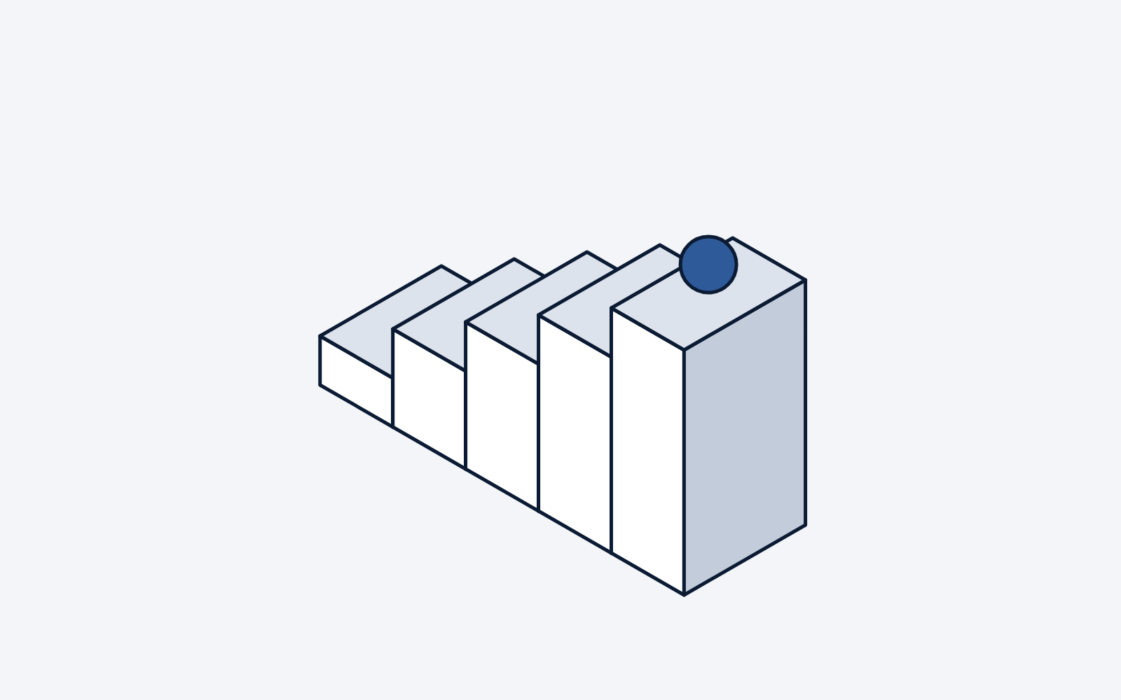 Illustration: five rising steps with a blue ball on the top step