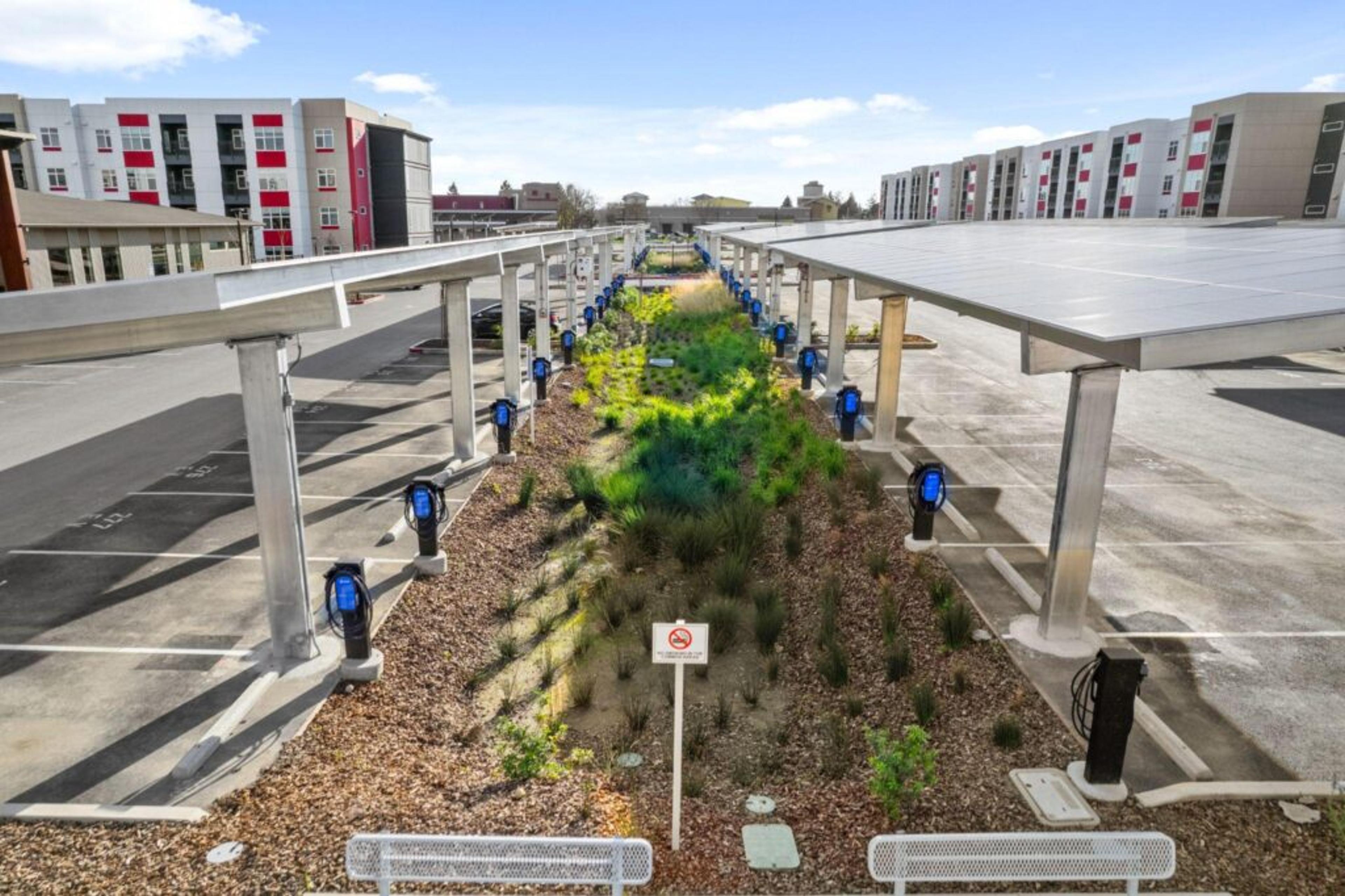 aerial view of parking lot with many xeal chargers