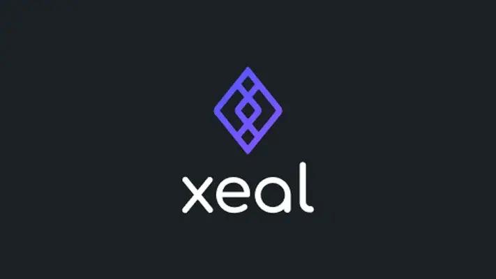 a logo for xeal with a purple diamond on a black background .