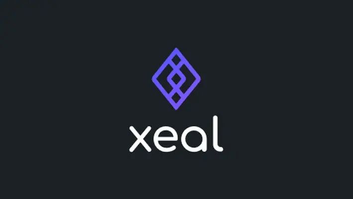 a logo for xeal with a purple diamond on a black background .