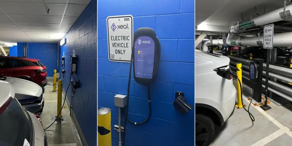 a collage of three photos of an electric vehicle being charged in a parking garage .