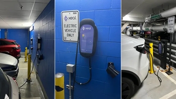 a collage of three photos of an electric vehicle being charged in a parking garage .