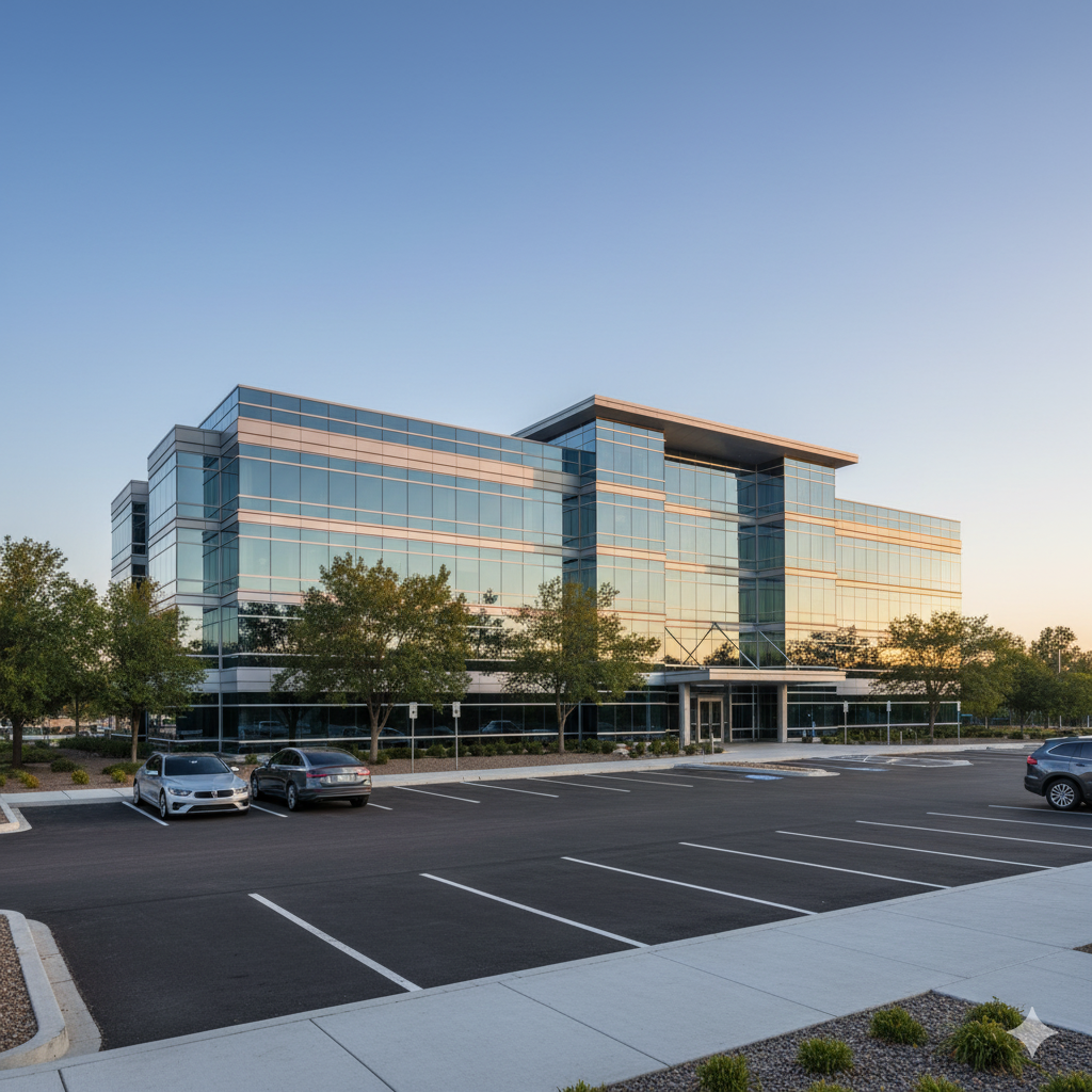 a commercial office building an parking lot