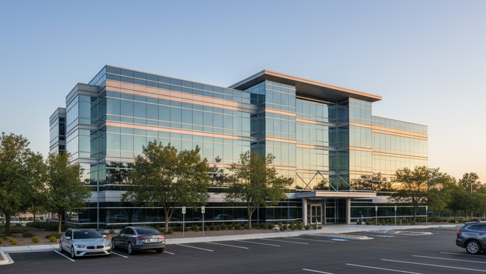 a commercial office building an parking lot