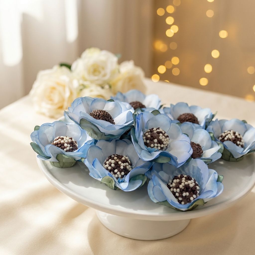 Forminhas Íris azuis com bombons numa mesa de casamento