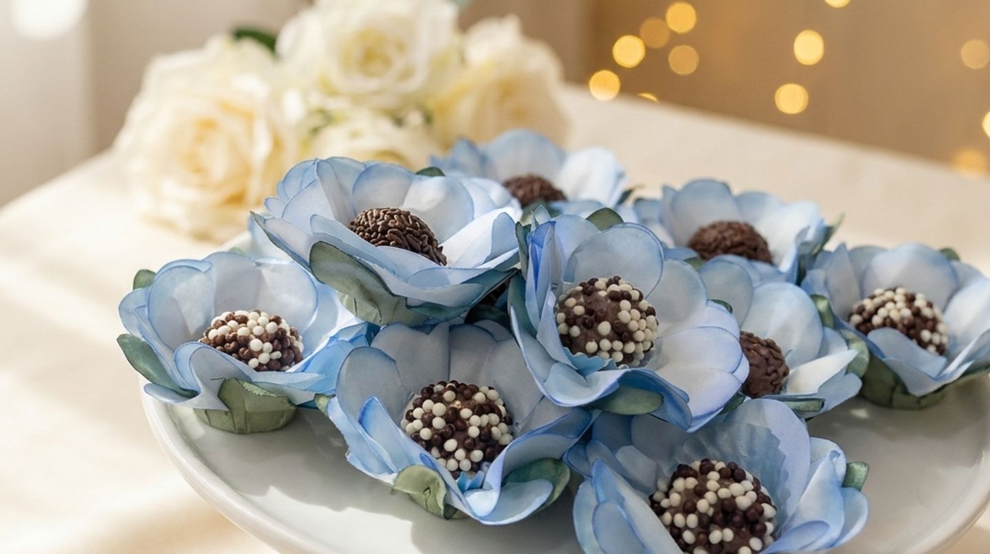 Forminhas Íris azuis com bombons numa mesa de casamento