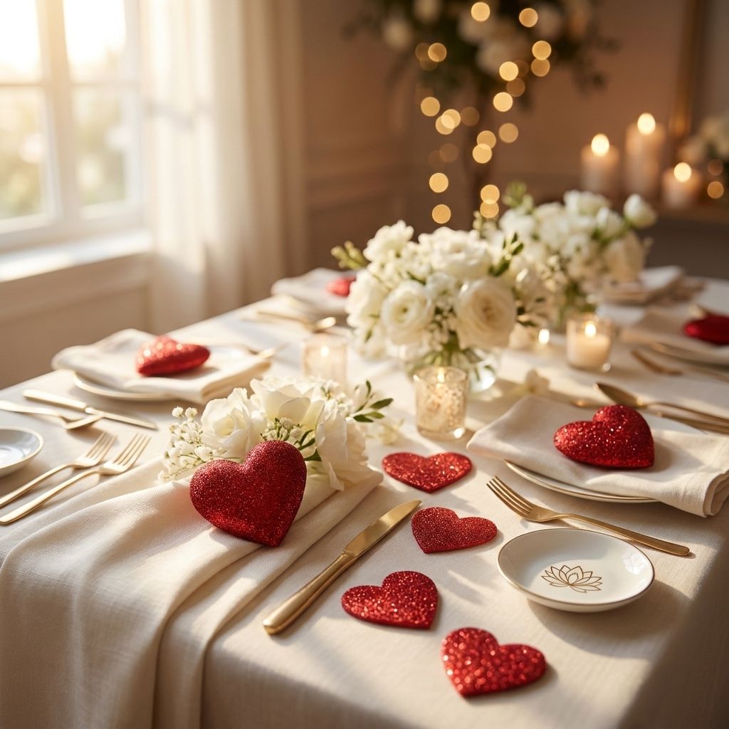 Mesa posta com corações de glitter, flores brancas e velas
