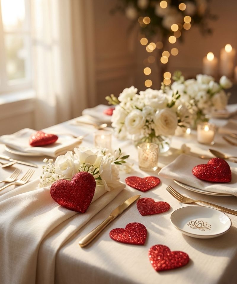 Mesa posta com corações de glitter, flores brancas e velas