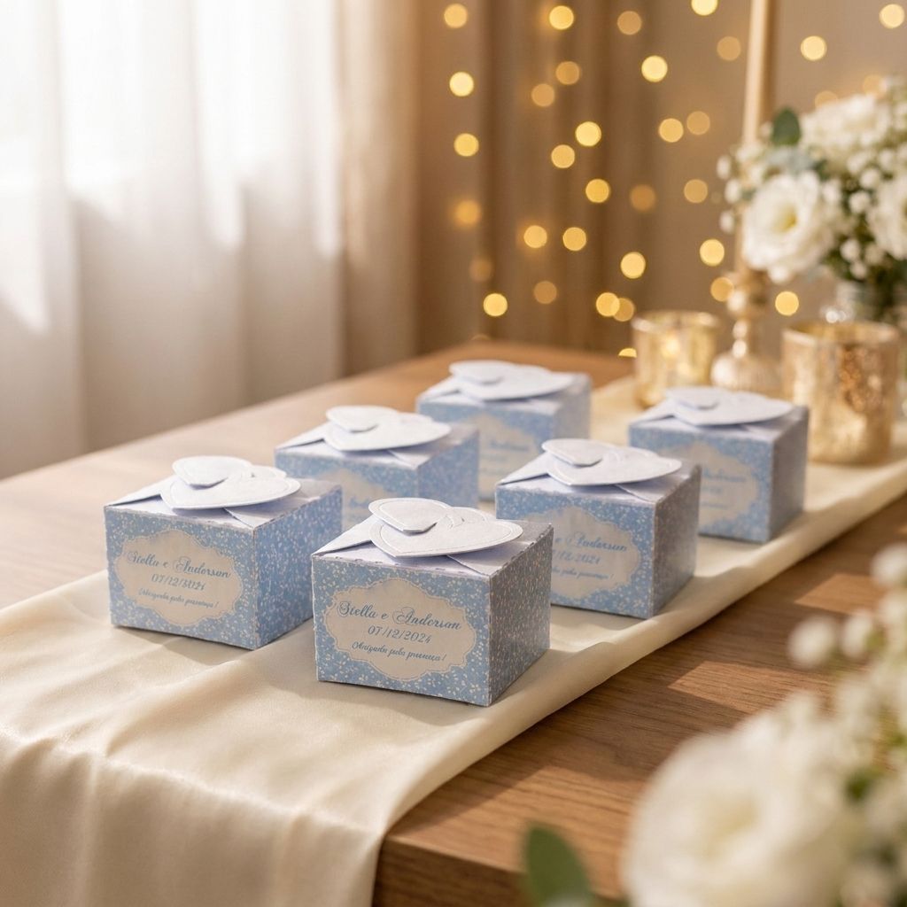 Caixinhas com adesivo personalizado numa mesa de festa