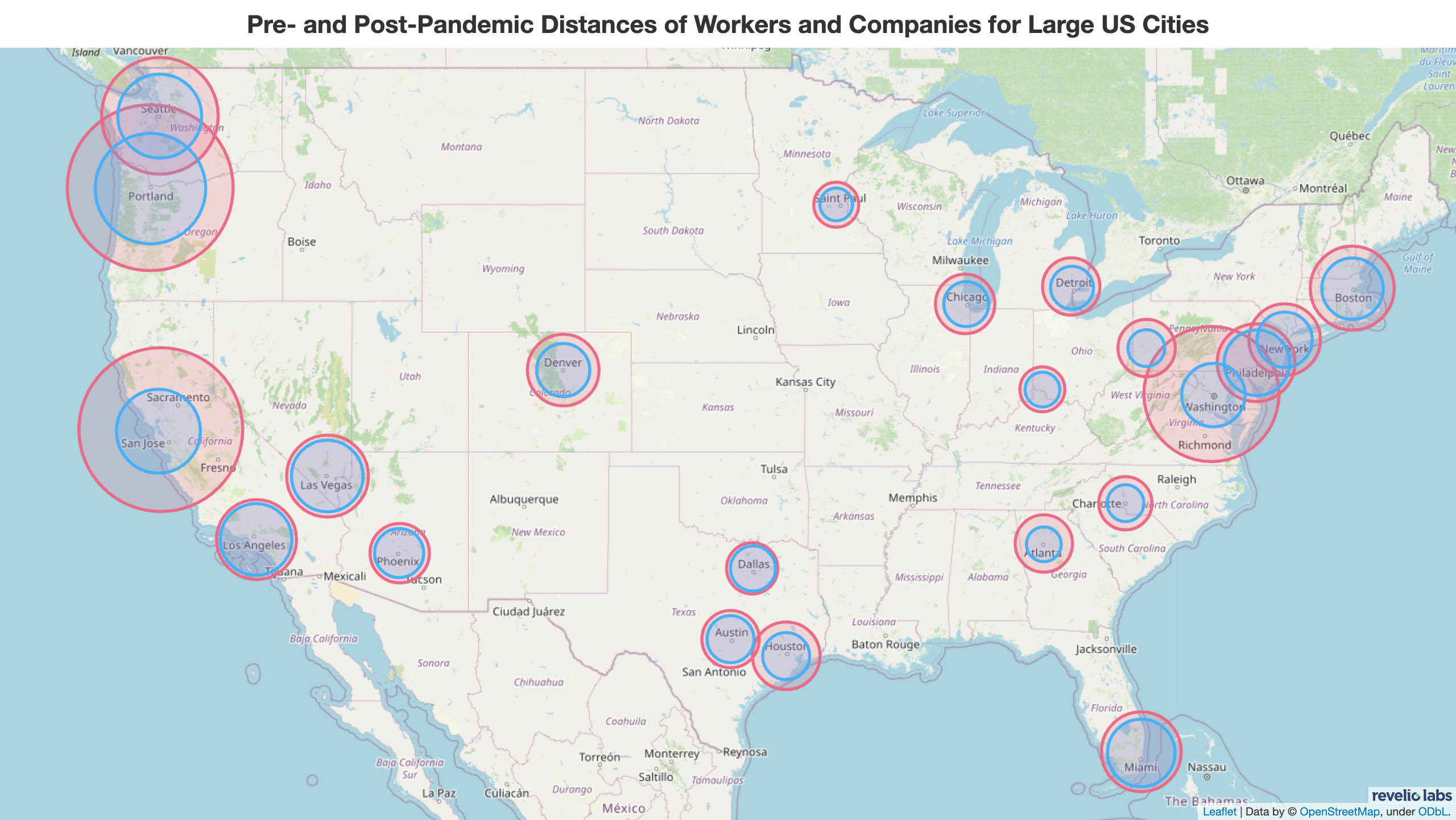 Pre- and Post- Pandemic Distances of Workers and Companies for Large US Cities