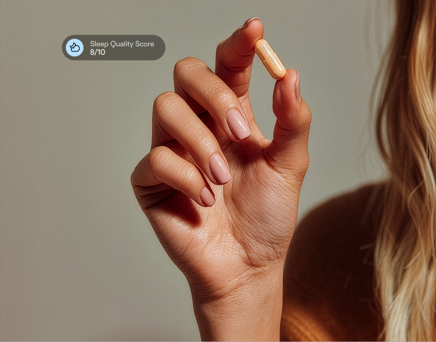 Woman_holding_pill_on_neutral_background_sleep_data_overlay