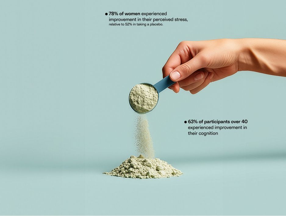 Hand pouring powder from scoop onto empty surface with data overlay