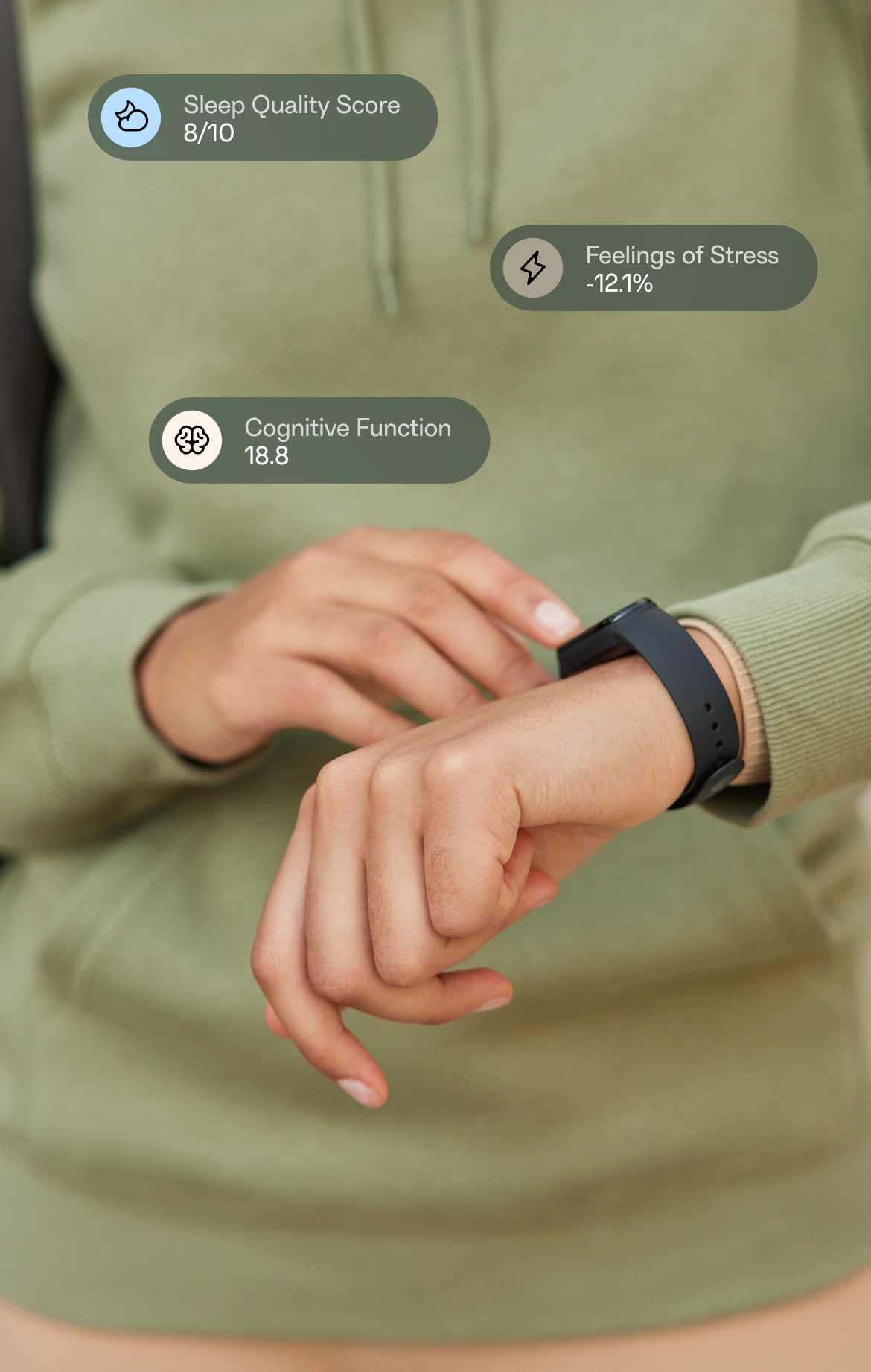 A faceless woman in a casual sweatshirt stands outdoors carrying a bag while checking fitness data on her smartwatch, with visual overlays showing metrics like heart rate and activity stats.