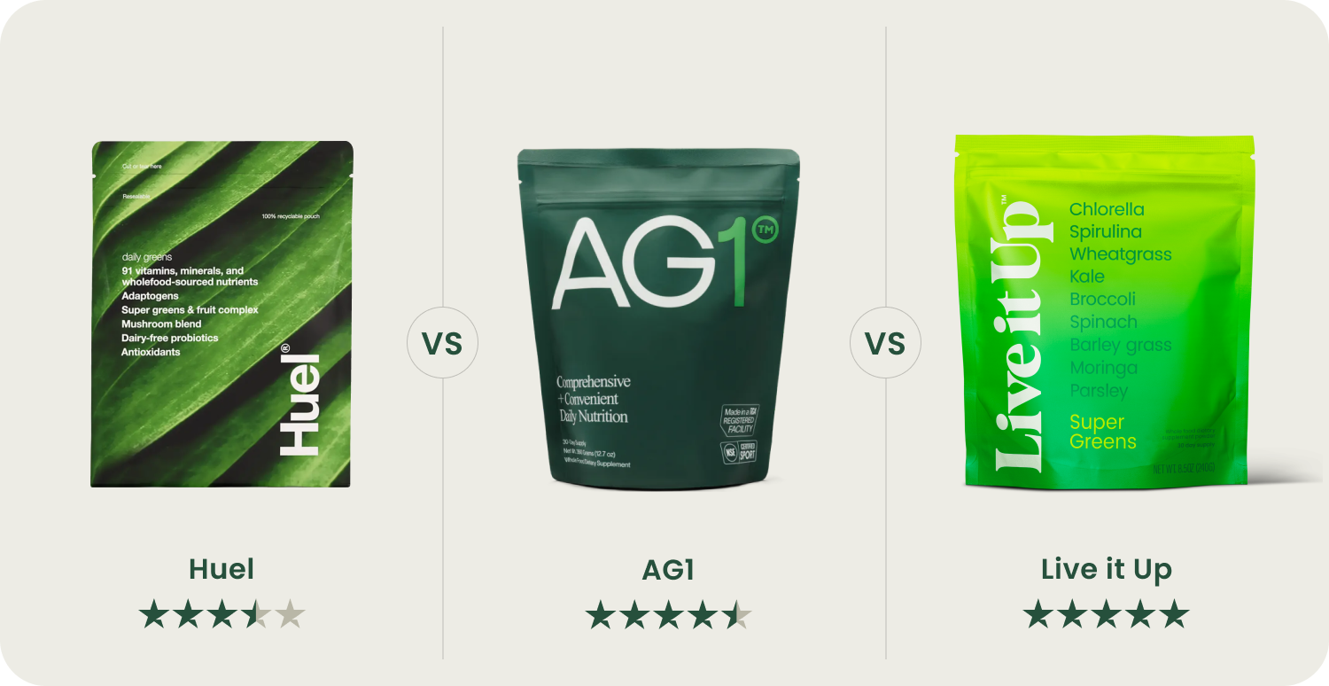 Huel Greens vs. AG1 vs. Live it Up Super Greens: What's Best?