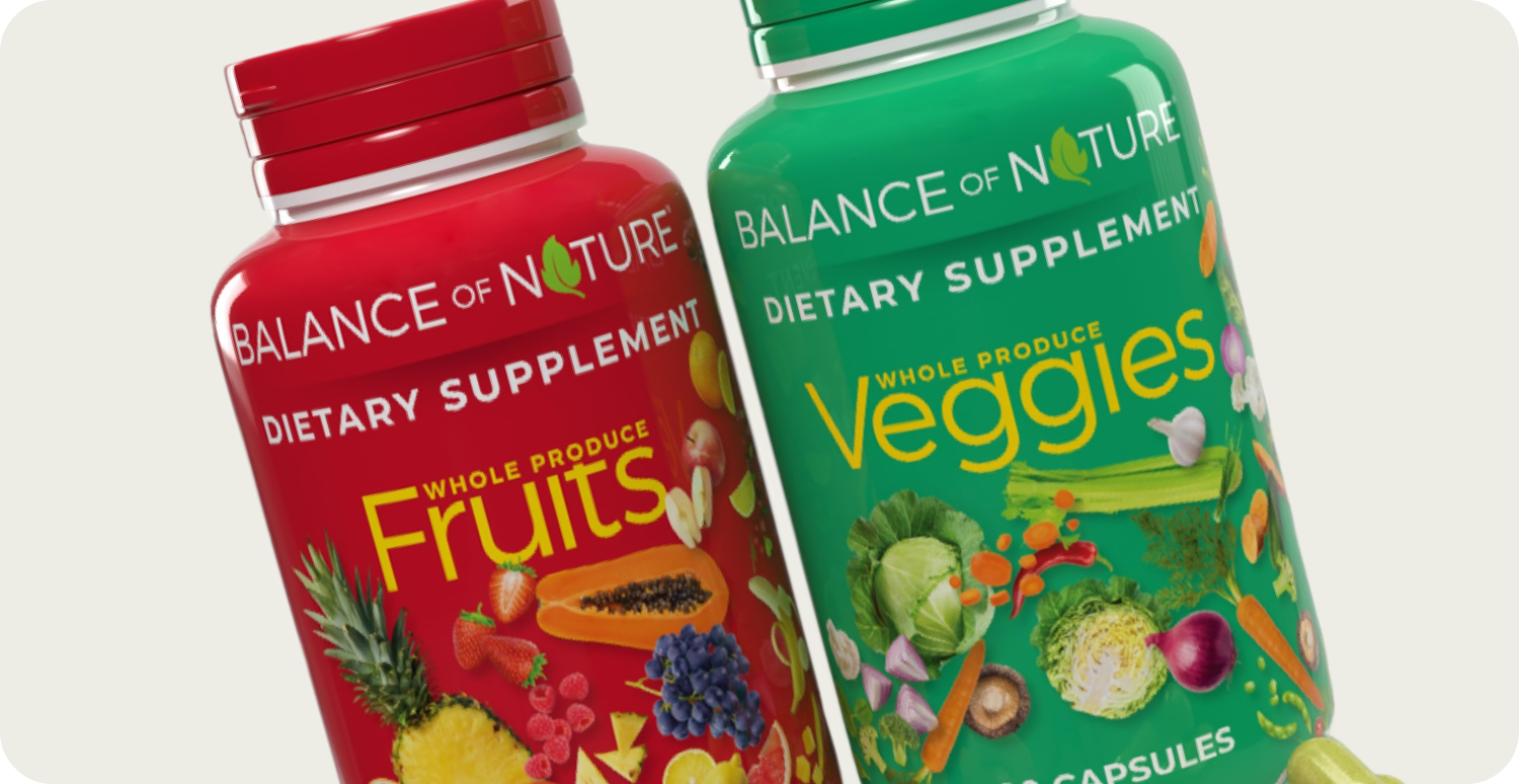 Balance of Nature Dietary Supplement Bottles Featuring Whole Produce Fruits and Veggies Capsules
