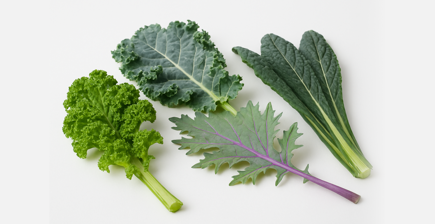 Variety of Different Species of Kale Leaves Laid Out on a White Background
