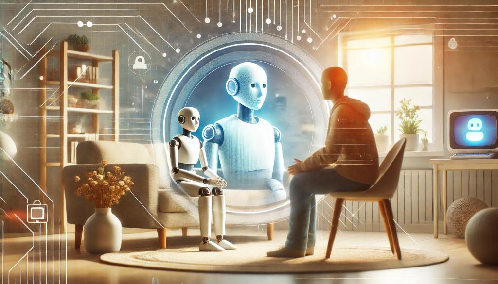 Two hologram futuristic robots sitting on a couch and talking to each other.