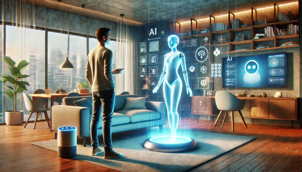 Engaging with the Future: A user interacts with their AI assistant through a holographic projection on a smartphone, blending advanced technology with everyday life in a modern living room.