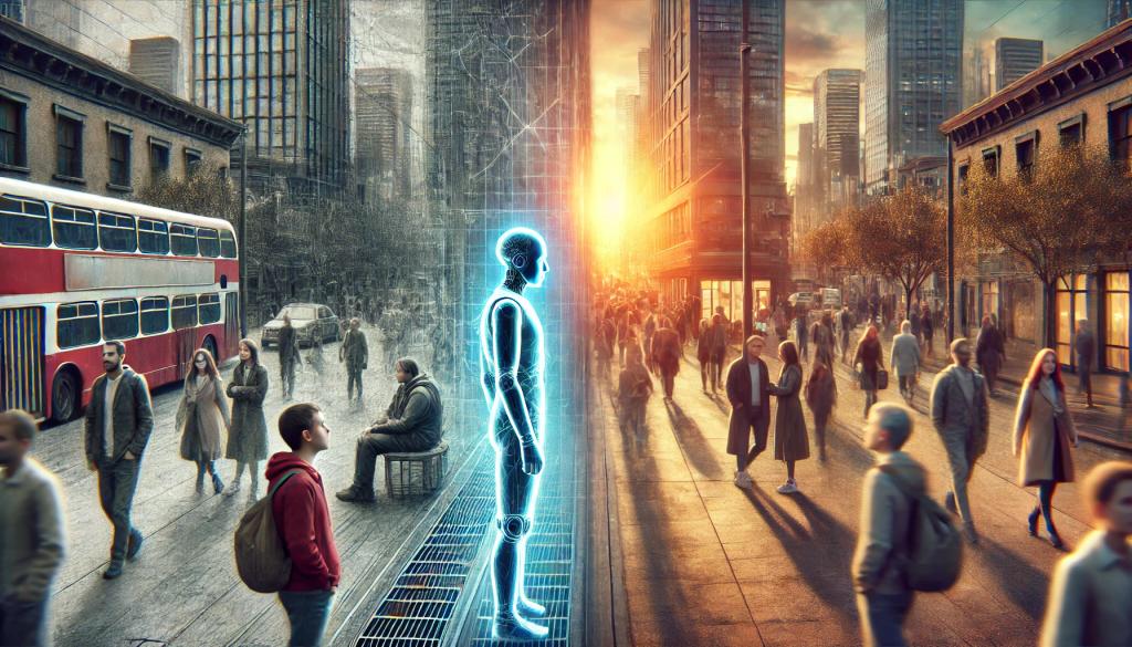 The image contrasts a person feeling isolated in a crowded urban setting on the left with the same person experiencing connection and support through an AI companion on the right, symbolizing the transformative power of AI in combating loneliness.