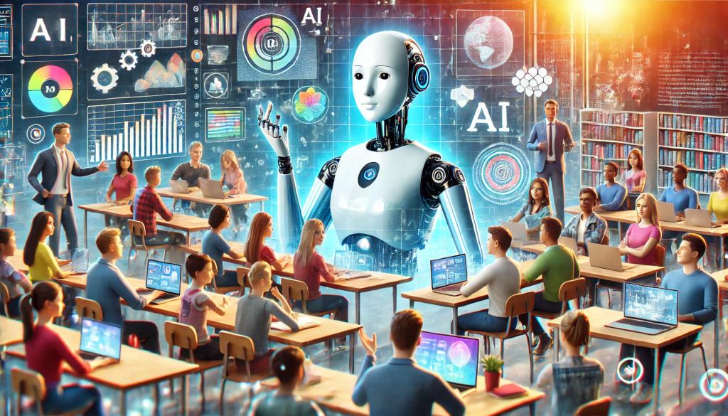 The image showcases a vibrant, modern classroom where a diverse group of students interacts with a friendly, futuristic AI companion, blending technology with human learning for personalized education.