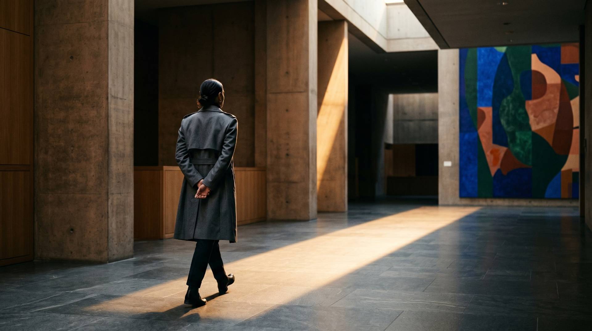 A figure walking with composure through an ordered architectural space towards forward light.