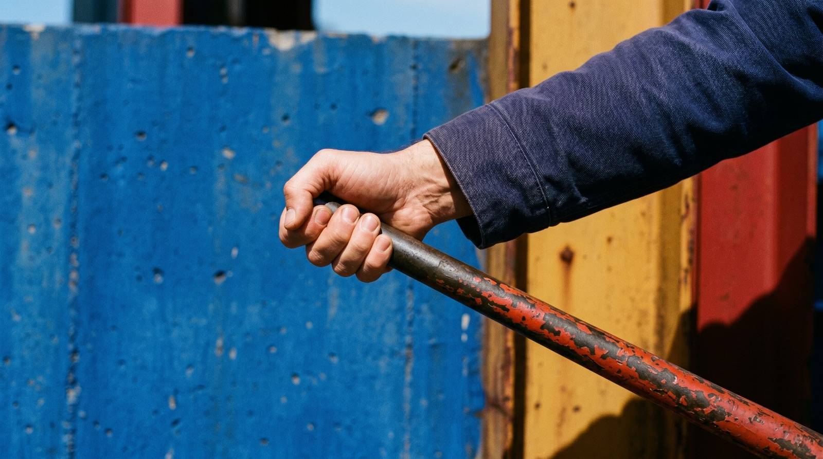 A cropped hand and forearm gripping a strong directional beam with firm tension and purpose.