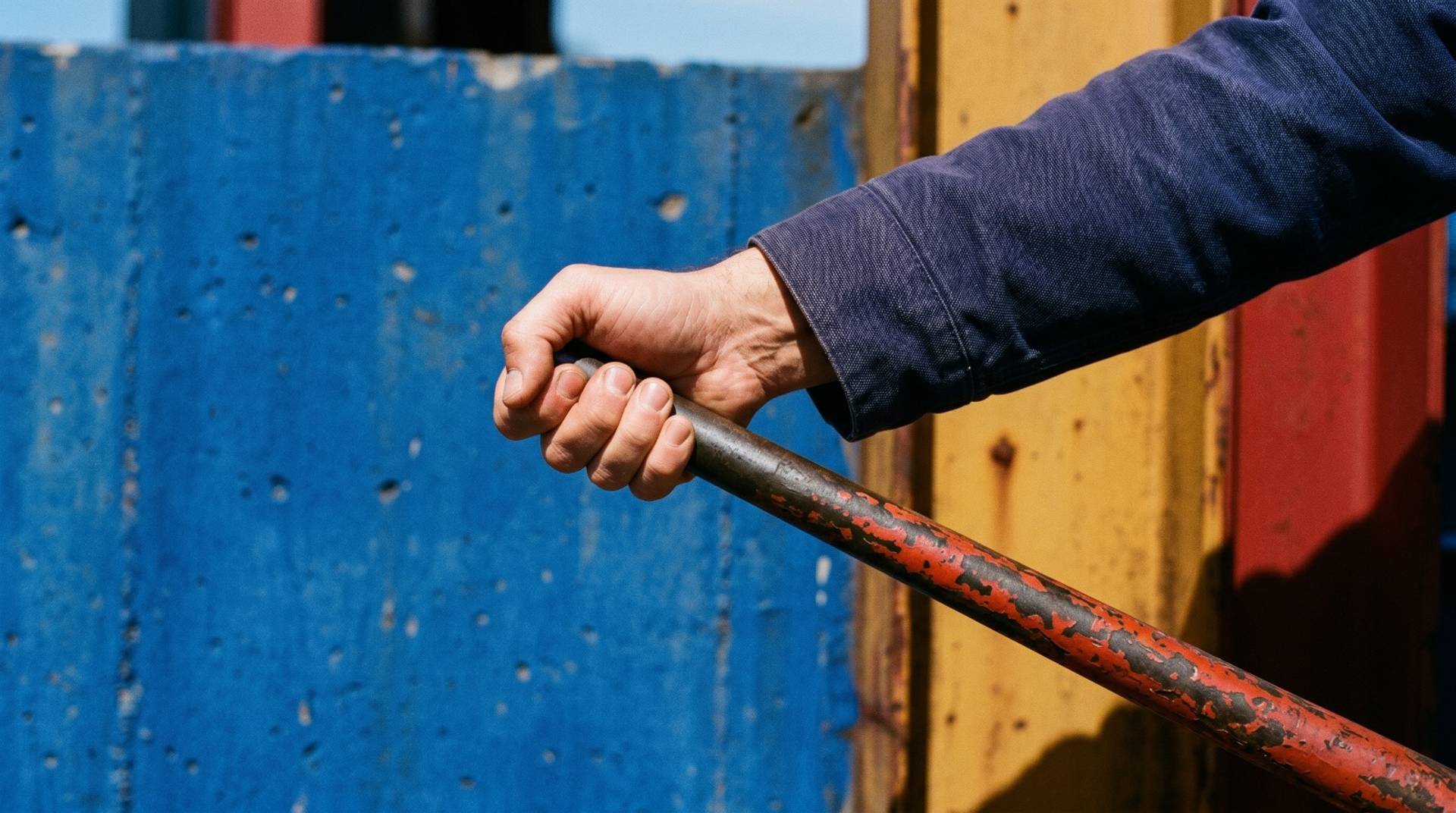 A cropped hand and forearm gripping a strong directional beam with firm tension and purpose.
