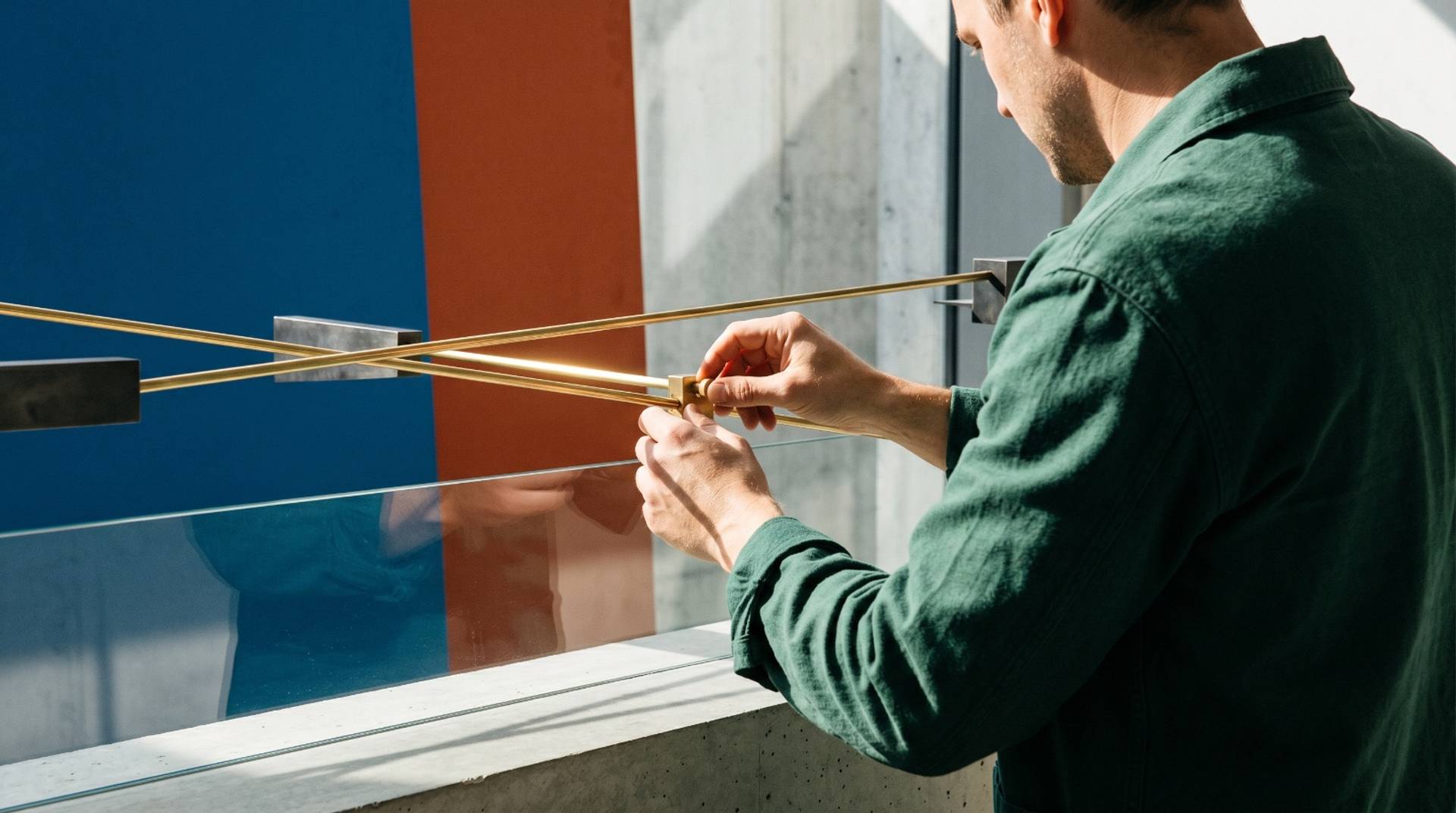 Cropped human hands and shoulders in command of a minimal, colourful space under sharp light.