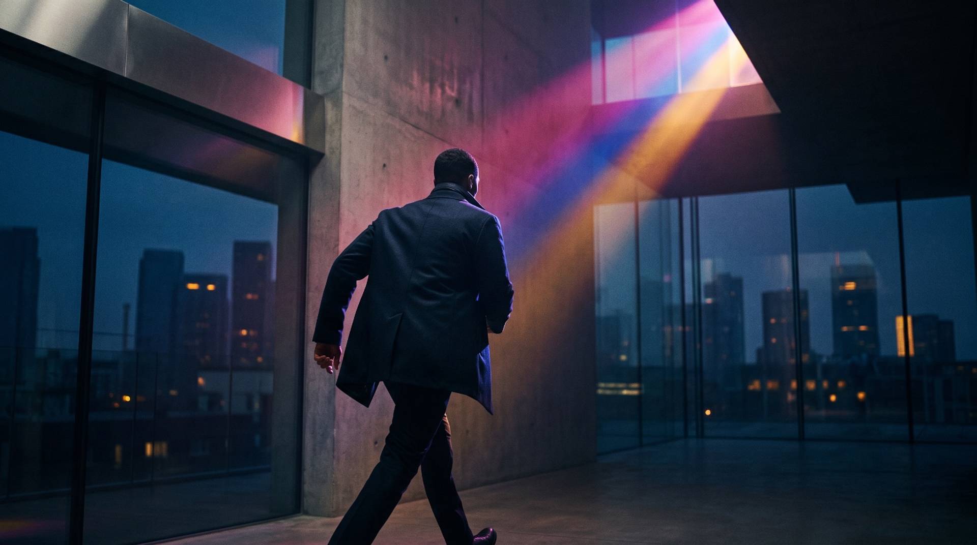A single figure striding with intent through a bold, minimal space towards a shaft of light.