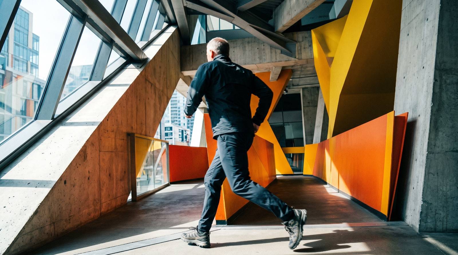 A single figure in confident motion through a bold architectural space, with a clear sense of speed.