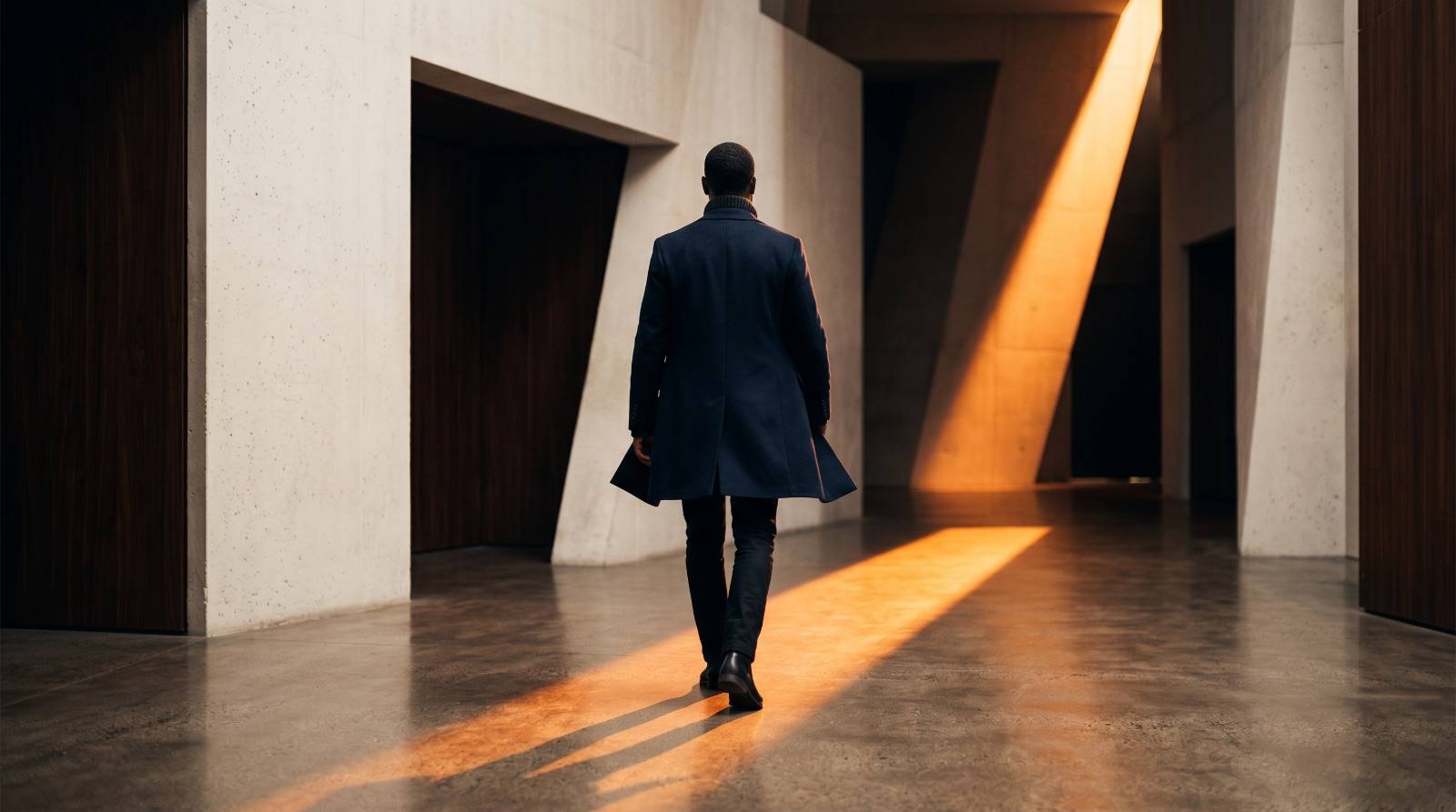 A single figure walking with intent through a bold, minimal space towards a directional shaft of light.