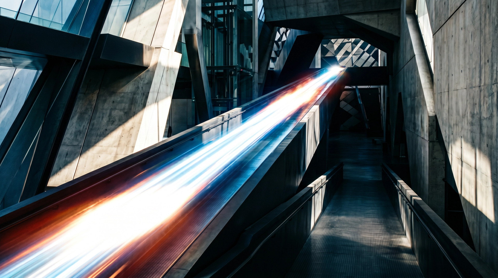 A fast streak of light pulling ahead through architecture.