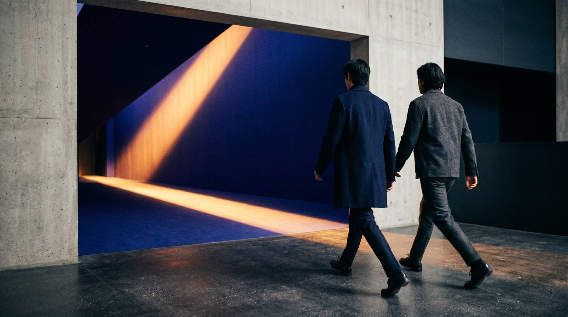 Two figures walking side by side through a bold, minimal space towards a shaft of forward light.