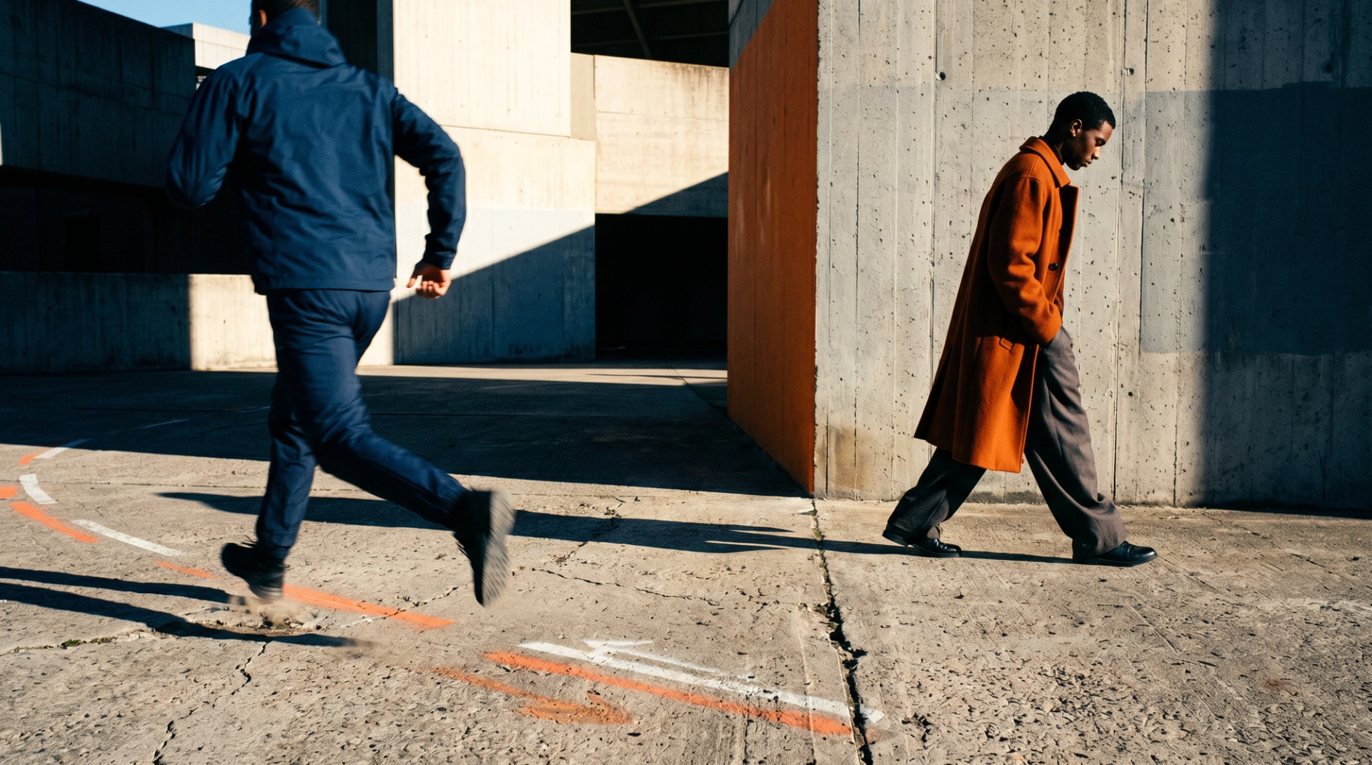 One figure running, one walking, in hard light.