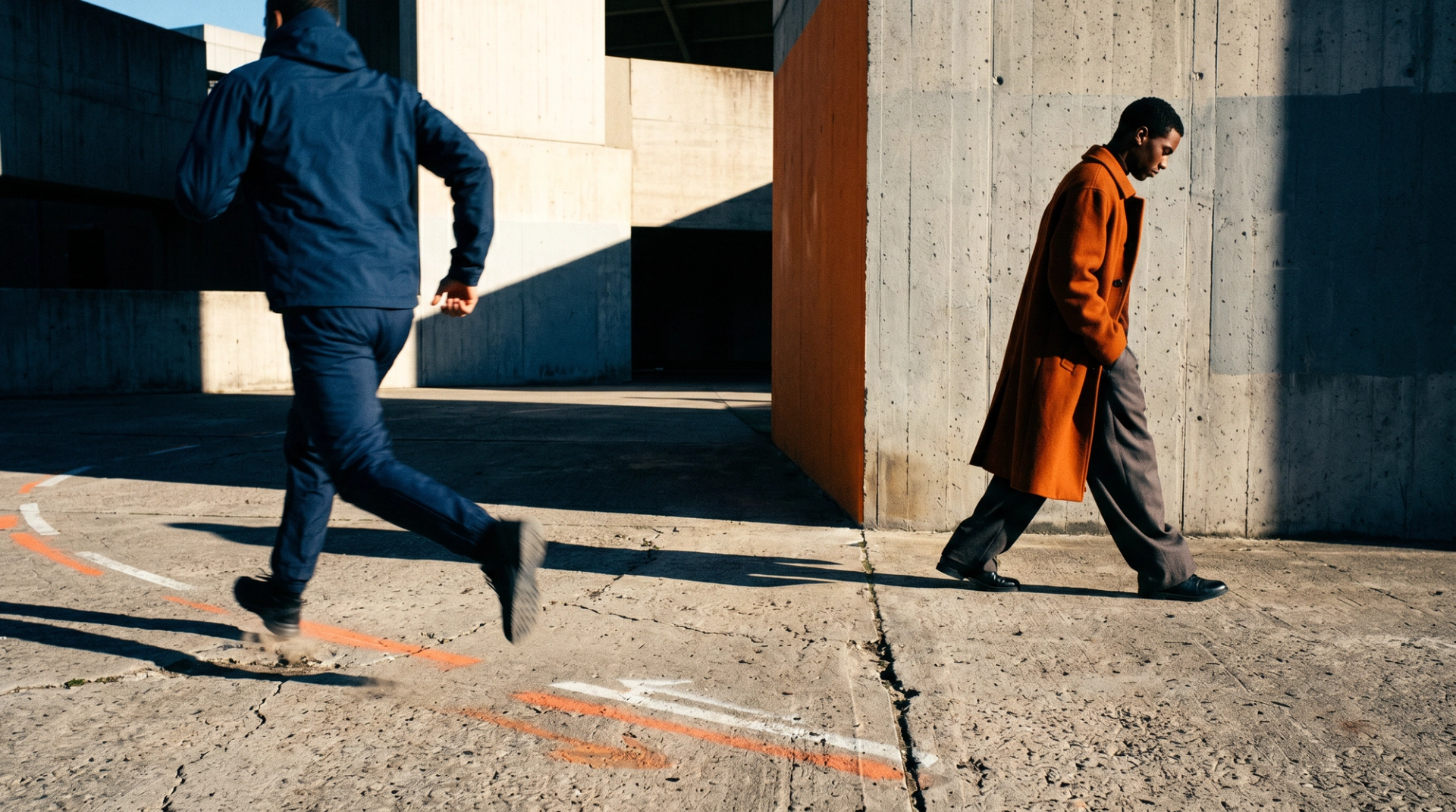 One figure running, one walking, in hard light.