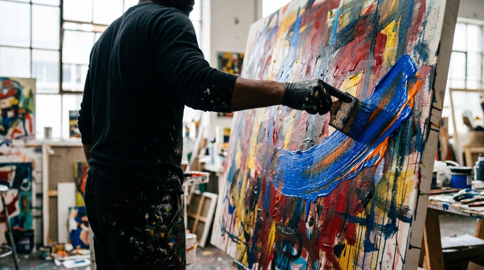 An artist applying vivid colour to a large canvas with a decisive, practised stroke.