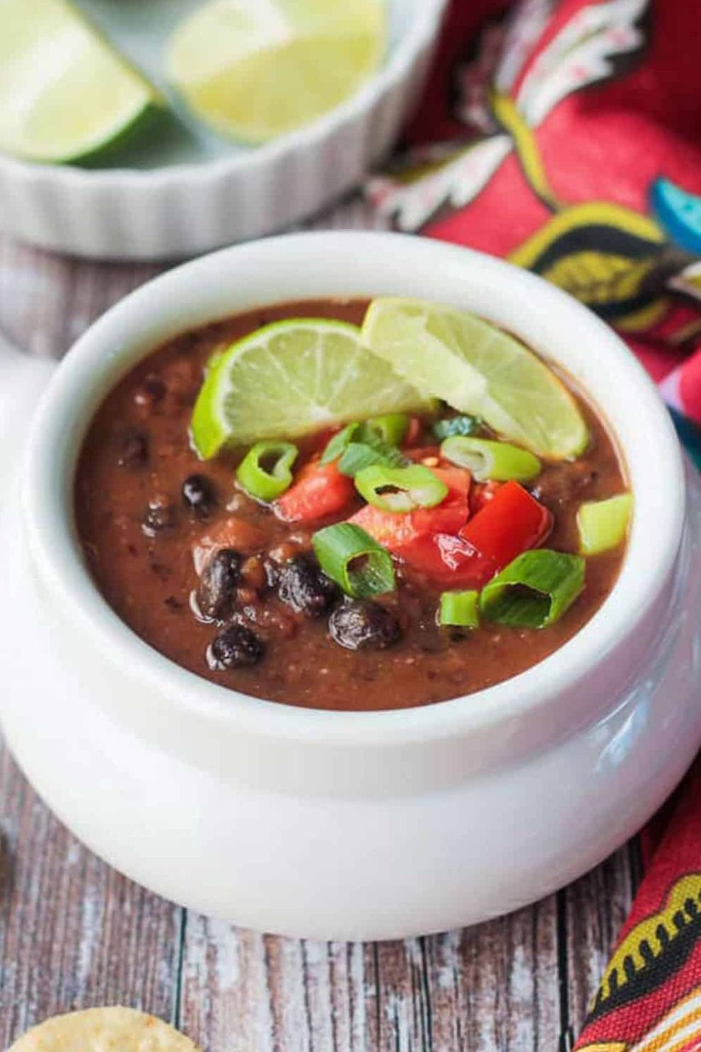 Vegan black bean soup in a bowl.