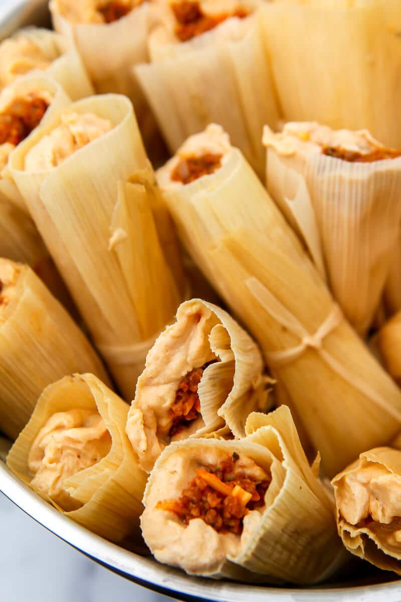 Vegan tamales in a bowl.