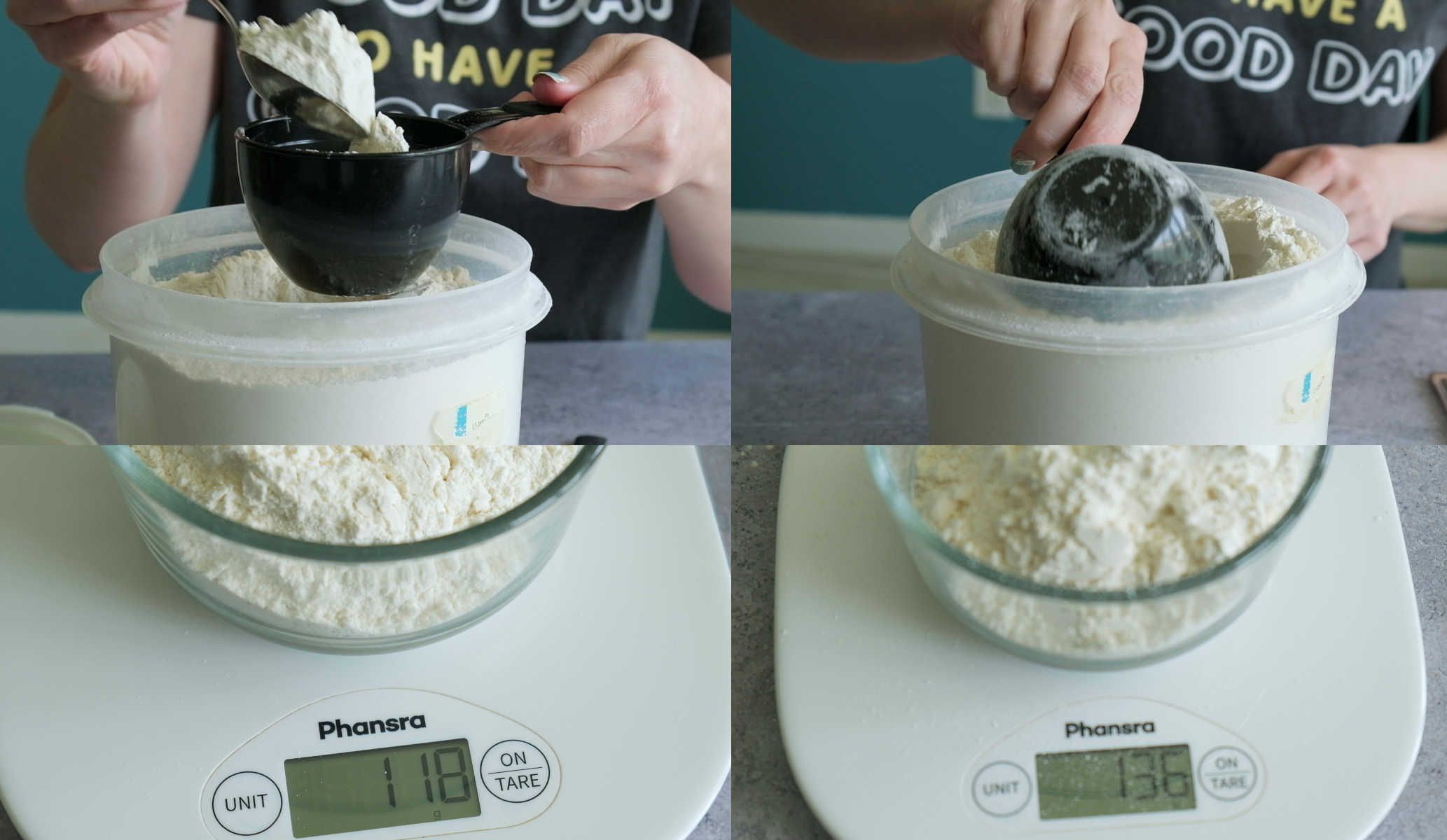 On the left, I spooned the flour into the measuring cup, then leveled it off. When I weighed the flour, I had 118 grams. On the right, I scooped the measuring cup directly into the flour, then leveled it off. This method gave me 136 grams of flour.