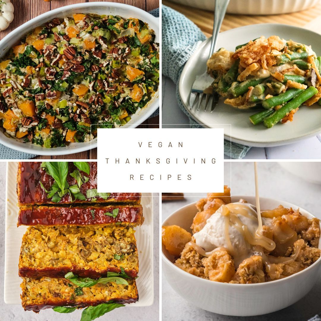4 images of vegan Thanksgiving recipes with text "vegan Thanksgiving recipes."