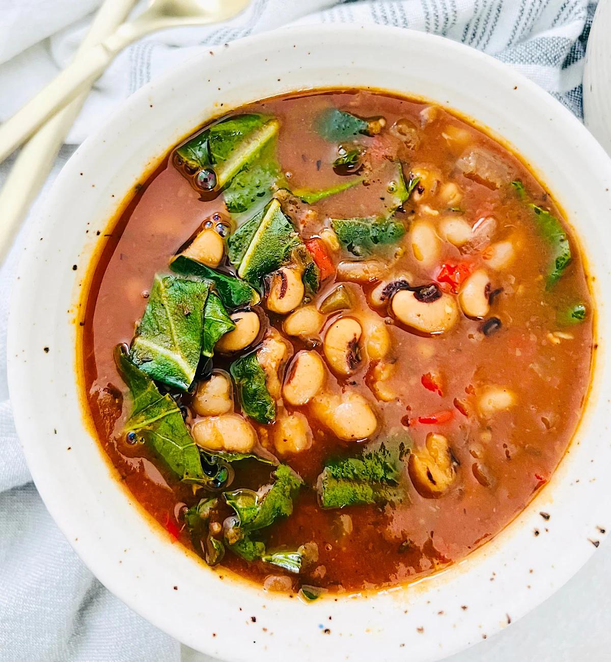 A bowl of vegan black-eyed pea soup.