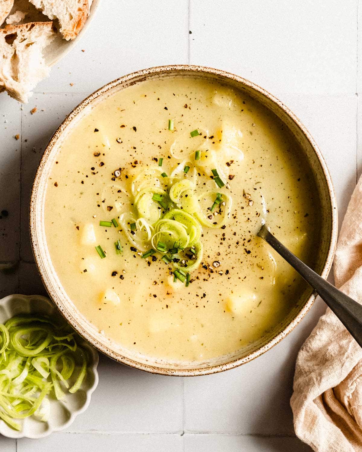 A top-down view of leek and potato soup.
