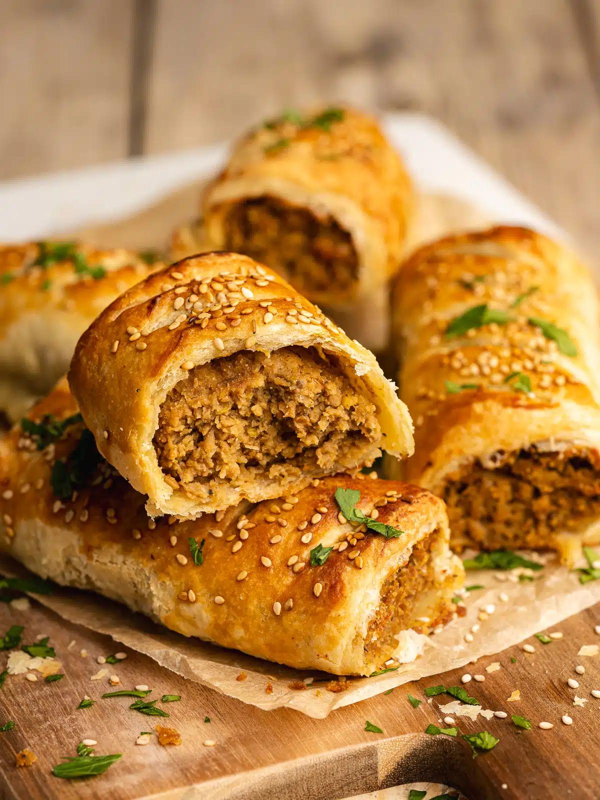 Vegan sausage rolls stacked on a piece of parchment paper on top of a serving tray. 
